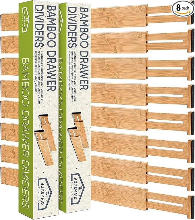Homemaid Living Bamboo Drawer Dividers Adjustable & Expandable, Kitchen Drawer Organizer, Ideal for Silverware, Dresser Drawer Organizer or Bedroom & Bathroom Drawers Organizers (8pk)