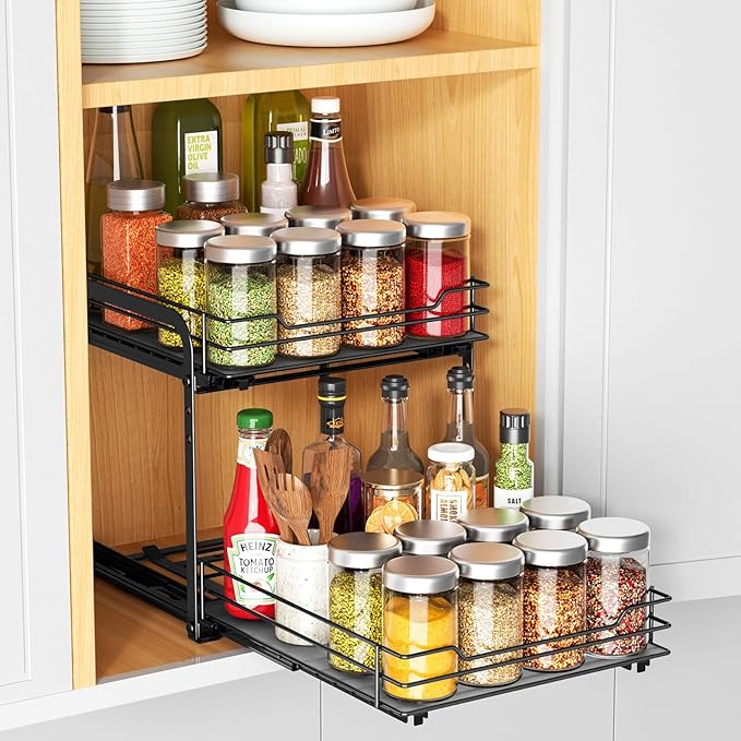 RCHYFEED Spice Rack Organizer for Cabinet, 2 Tier Pull Out Spice Racks for Inside Cabinets & Pantry, Height Adjustable Heavy Duty Vertical Spice Shelf for Seasoning Organizer(9.5" Wx10.5 Dx9.5 H)