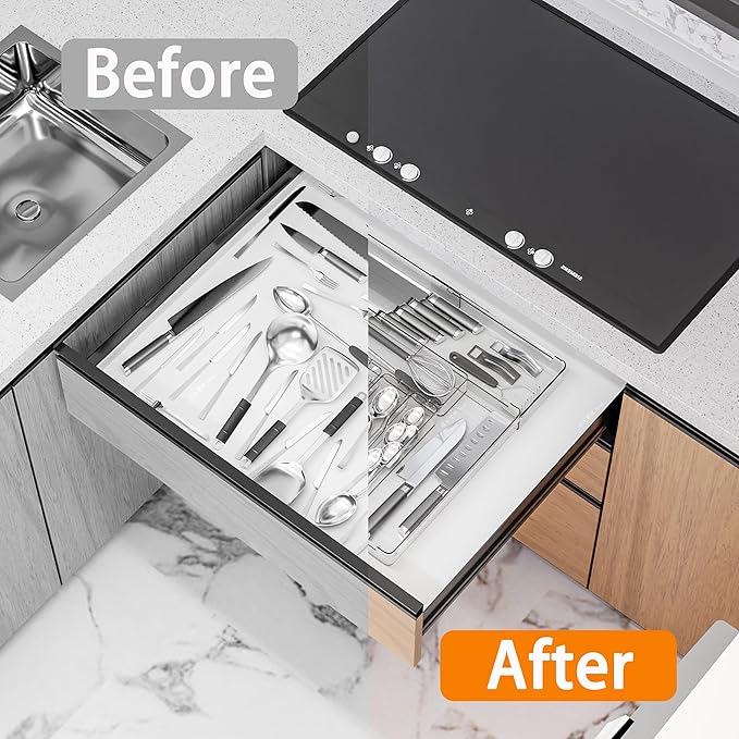 Silverware Drawer Organizer, Expandable Utensil Tray for Kitchen Drawers, BPA Free Flatware and Cutlery Holder, Adjustable Plastic Storage for Utensil like Spoons, Forks, Knives.Clear