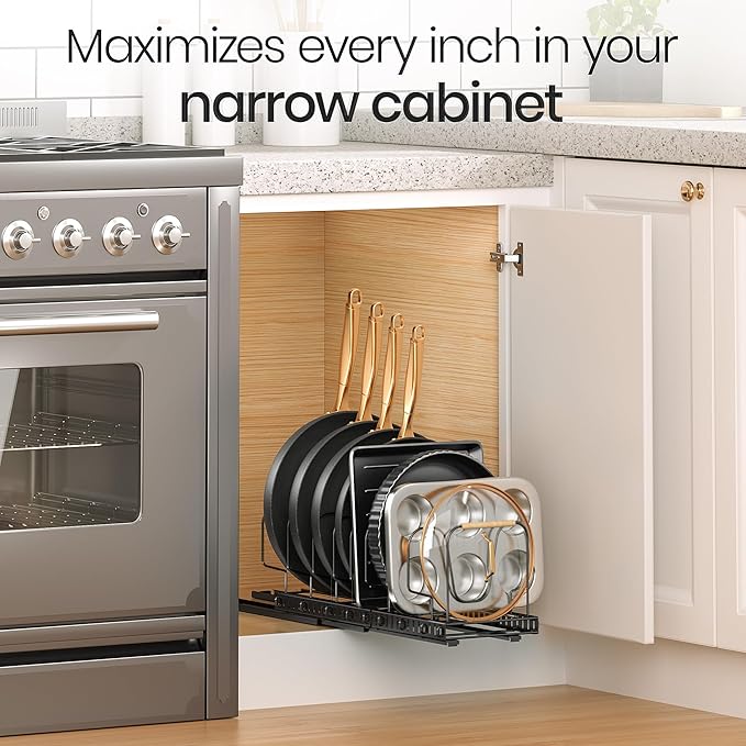 Pots and Pans Organizer under Cabinet, 2 Pack Pull out Pan Organizers inside Cabinet for Kitchen Cabinet Organizers and Storage with Adjustable Dividers and Handled Divider