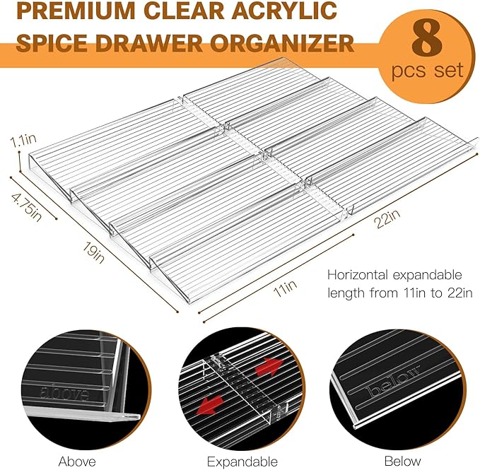 Spice Drawer Organizer, 4 Tier Clear Acrylic Drawer Seasoning Organizer Rack, Kitchen Seasoning Jars Drawers Insert, Expandable 11" to 22" Spice Rack Tray for Cabinet/Countertop (Jars Not Included)