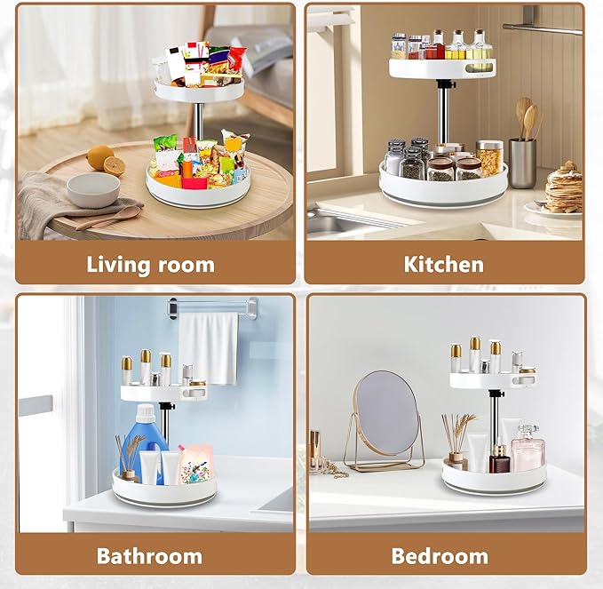 Rack Lazy Susan Organizer, 2 Tier Height Adjustable Rotating Lazy Turntable Organization for Cabinet Kitchen Table Pantry Countertop Refrigerator Cupboard Storage(White, 12 inch)