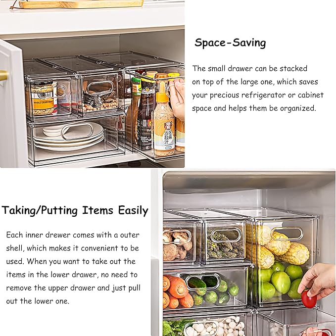 3 Pack Refrigerator Organizer Bins with Pull-out Drawer, Stackable Fridge Drawer Organizer Set with Handle, Clear Plastic Food Storage Containers for Freezer, Cabinet, Kitchen, Pantry
