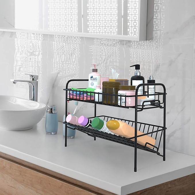 HengLiSam Spice Rack Organizer for Countertop, Heavy Duty Full Solid Metal Kitchen Shelves, 2 Tier Liquor Shelves Freestanding Holder Storage for Kitchen Cabinet Pantry Bottle Rack for Bathroom, Black