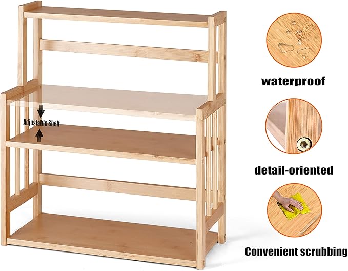 HYNAWIN Bamboo Spice Rack Kitchen Countertop Organizer Storage Shelves-3 Tier Standing Pantry Shelf with Adjustable Shelf