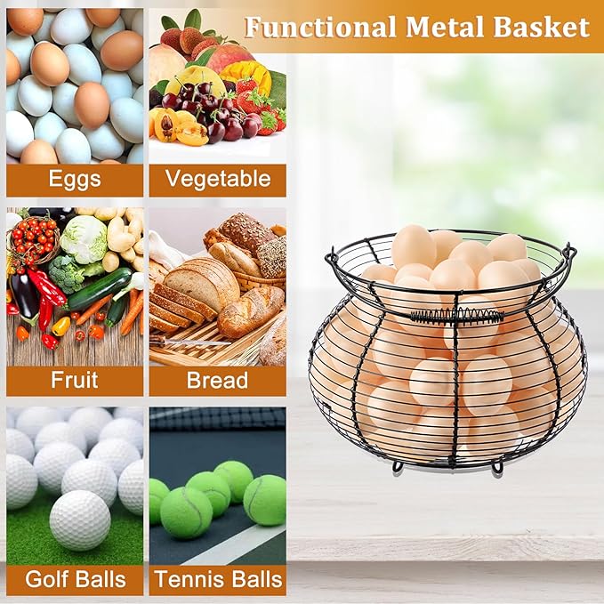 1 PCS Black Big Belly Wire Egg Baskets for Fresh Egg With Handle, Small Metal Egg Collecting Basket for Gathering Fresh Eggs, Chicken and Duck Eggs Hunting Basket Egg Holder Countertop
