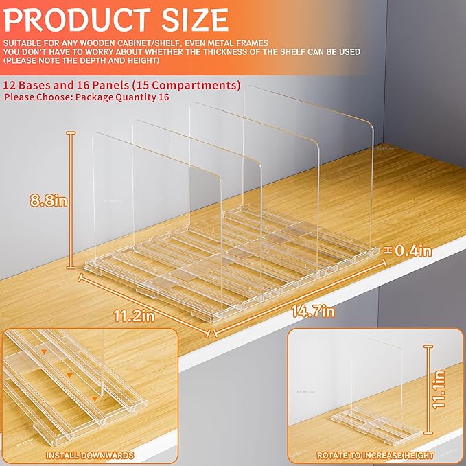 Yieach 16Pack Acrylic Clear Shelf Dividers for Closet Organization -Suitable for Wire Shelves,Cupboard- Bag,Purse Dividers and Handbag Organizer,Vertical Shelf Separators in Closet for Sweater,T Shirt