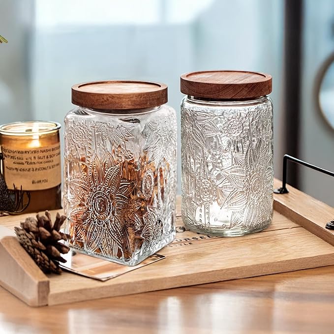 Glass Storage Jars With Airtight Lid, 35oz Container For Kitchen Counter with Wood Lid, brown sugar, candy, coffee, cookie, salt, tea, cute Jar (Large Square Sunflower)