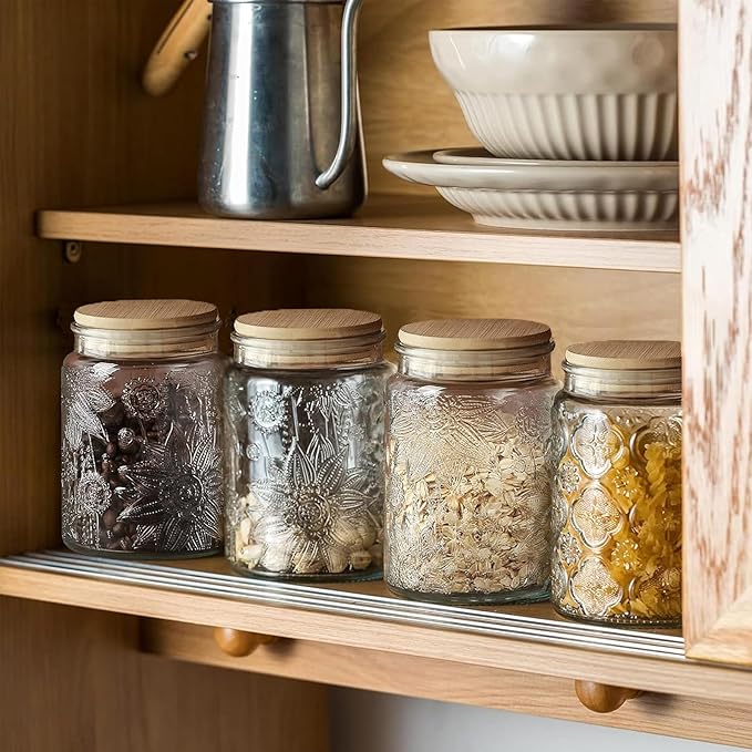 Vintage Glass Jar with Bamboo Lid, 23.7 fl oz - Airtight Decorative Food Storage Canisters for Kitchen Counter, Ideal for Candy, Sugar, Coffee, Tea,Cute Jar(Sunflower*1)