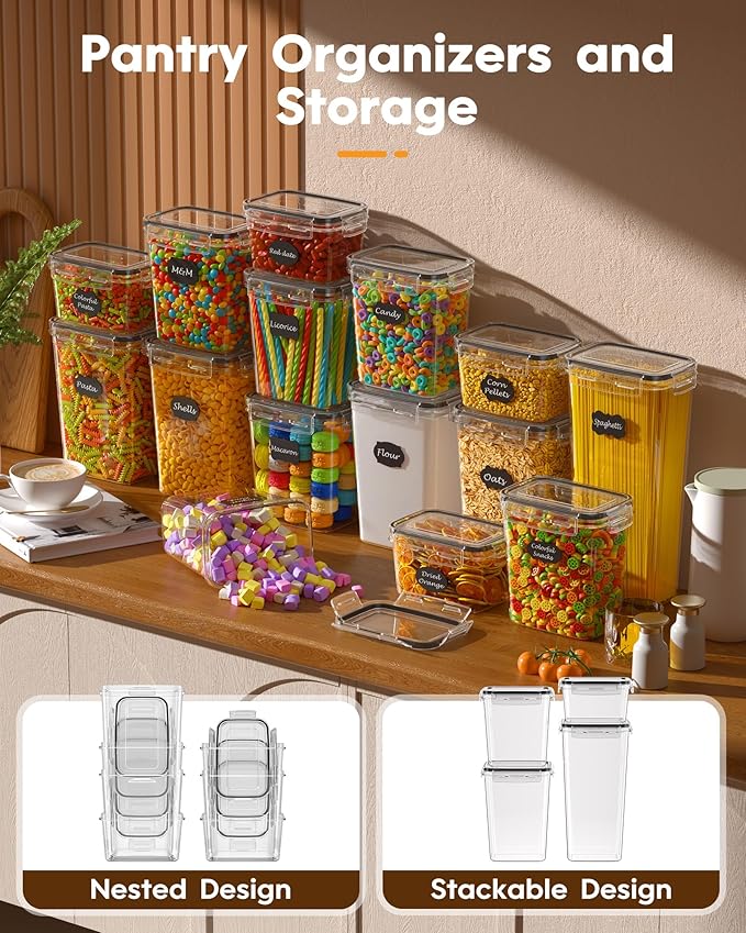 15 Pack Airtight Food Storage Containers with Lids, Kitchen Pantry Organizers and Storage, BPA-Free Plastic Food Canisters for Cereal, Flour, Sugar, Pasta, Dry Food, Include Labels & Marker