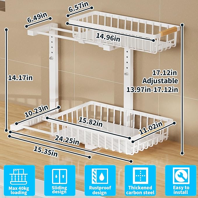 Under Sink Organizer, 2 Tier Slide Out Under Sink Organizers and Storage, Height Adjustable Pull out under cabinet storage, Metal Bathroom Kitchen Sink Organizer
