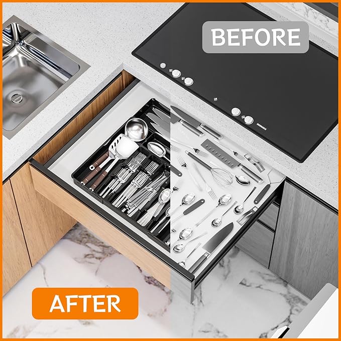 Expandable Silverware Organizers for Kitchen Drawers,Large BPA Free Cutlery Organizer in Drawer,Plastic Utensil Drawer Organizer Suitable as Flatware,Knife,Fork,Spoon,Silverware Holder and Tray,Black