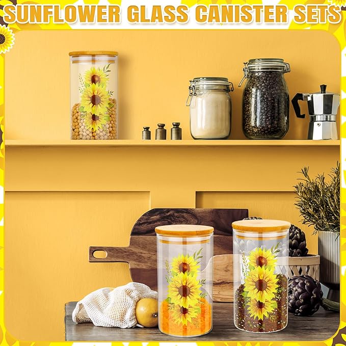 Layhit 3 Pcs Sunflower Glass Canister Set Clear Lemon Kitchen Storage Jars with Airtight Bamboo Lid for Coffee Bean Cookie Candy Tea Flour