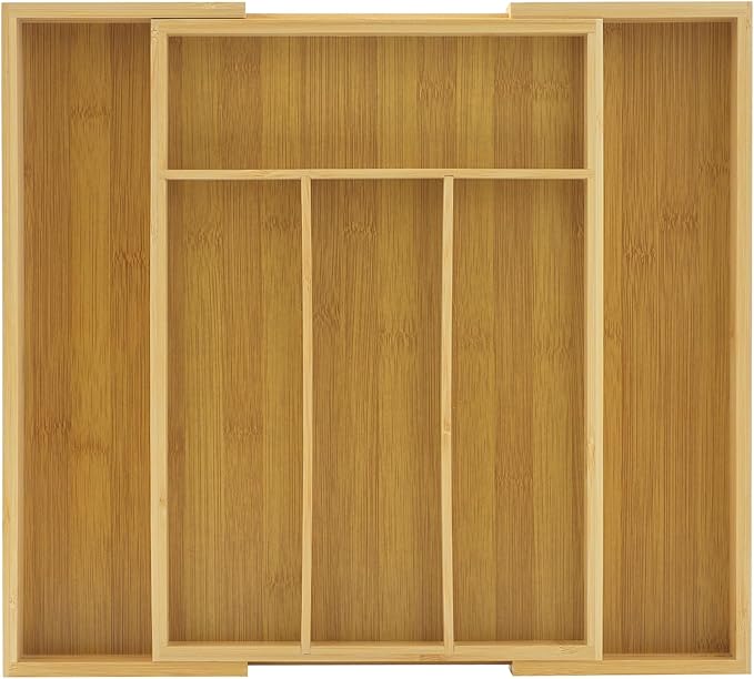 JoyJolt Bamboo Expandable Drawer Organizer for Kitchen Utensils, Adjustable Cutlery Tray, Bamboo Drawer Dividers Organizer for Silverware, Flatware, Knives in Kitchen, Bedroom (4-6 Slots)