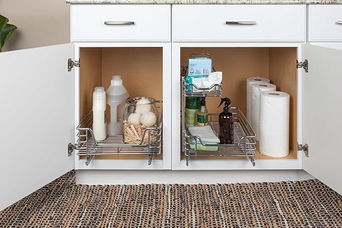 Household Essentials Glidez Multipurpose Chrome-Plated Steel Pull-Out/Slide-Out Storage Organizer for Under Sink or Under Cabinet Use - 2-Tier Design - Fits Standard Size Cabinet or Shelf, Chrome