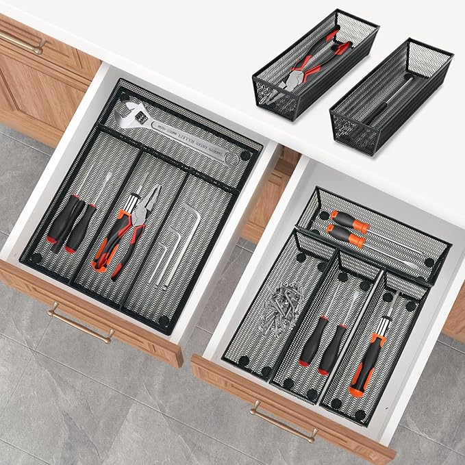 Drawer Organizer Set 5 Pack - 4-Compartment Silverware Organizer Tray + 4 Utensil Trays, Kitchen Drawer Organizer for Flatware, Cutlery, Office Supplies, Black Mesh, Non-Slip.