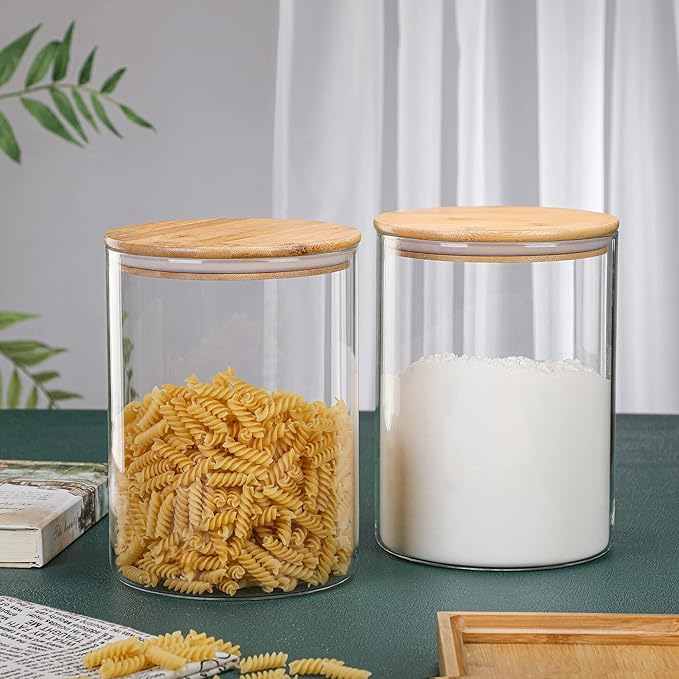 2 Sets 3000 ML/100 FL OZ Clear Glass Storage Canister Holder with Airtight Bamboo Lid, Extra Large Container Jar for Flour Sugar Coffee Loose Tea Rice Cookie Cereal Pasta Spaghetti Protein Powder