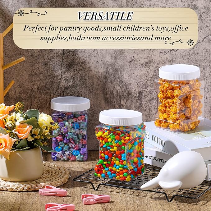 Gerrii 18 Pcs Clear Plastic Storage Jars with Lids, 27 oz Square Plastic Containers, Paint Storage Containers with Easy Grip Handles, Reusable Wide Mouth Canisters