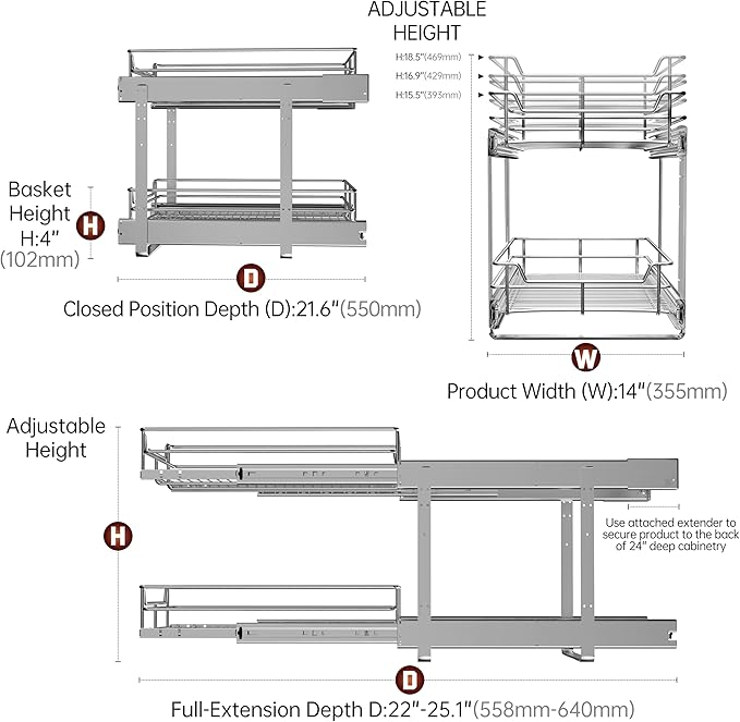 2-Tier Cabinet Pull Out Shelves (14"W x 22"D), Slide Out Shelves for Kitchen Cabinets, Metal Under Cabinet Roll Out Shelf