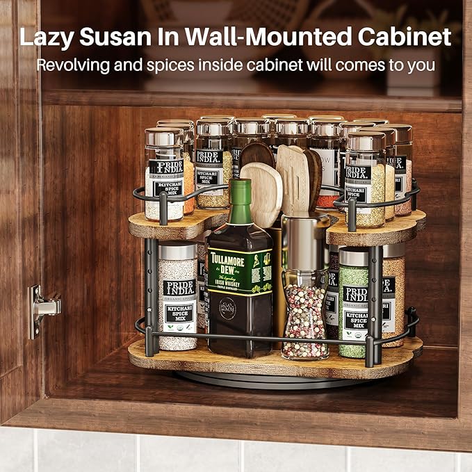Lazy Susan Organizer Spice Rack - Height Adjustable Rotating Lazy Turntable Spice Organization for Cabinet, Pantry Kitchen Wood Revolving Seasoning Organizer, 12 inches, Black