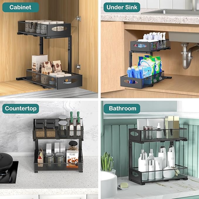 2 Pack Under Sink Organizer, 2 Tier Metal Pull Out Under Sink Storage with Sliding Mesh Drawers, Height Adjustable Slide Out Under Sink Organizer for Kitchen Bathroom Cabinet, Black