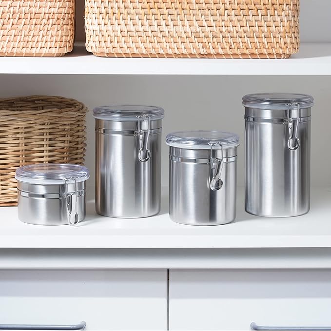 Oggi Stainless Steel Canister Set 4pc w/ Airtight Acrylic Lid & Clamp