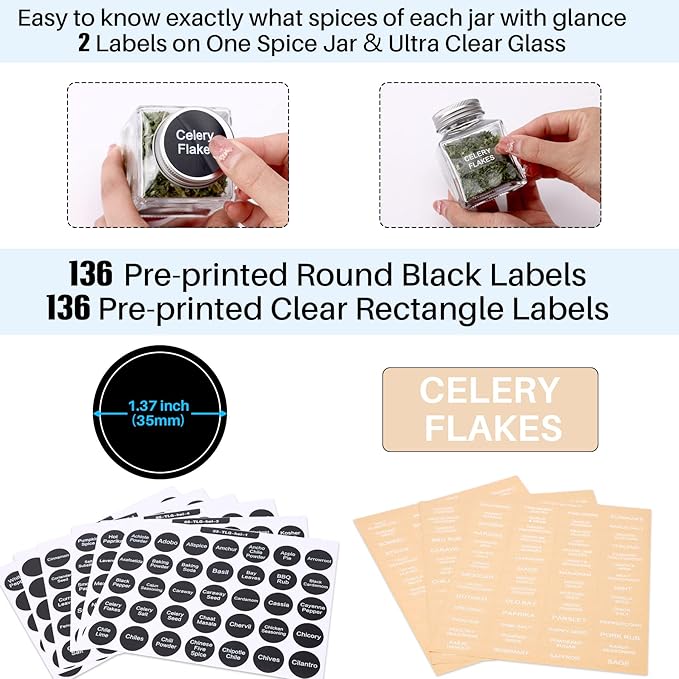 MIUKAA Unique Design Spice Jars with 372 Labels, 29-Pack 4.5 oz Personalized Cubic Clear Glass Spice Jars with Shakers, Lids, Empty Square Reusable Kitchen Storage Containers