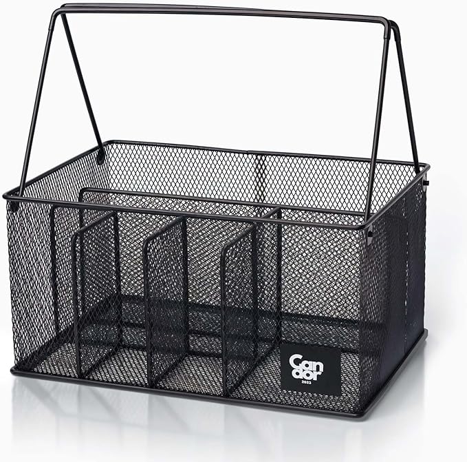 Candor23 Steel Mesh Silverware Caddy, Paper Plate Organizer for Countertop, Utensil Caddy with Removable Handle, Oversized Utensil Holder for Kitchen Counter, Office, Black