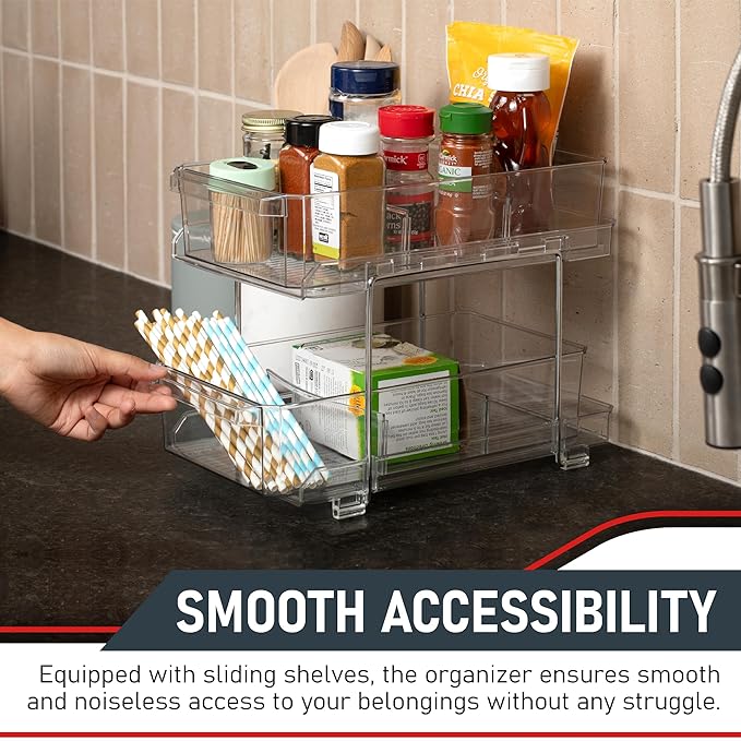 Masirs 2-Tier Clear Pull-Out Drawer Organizer - Sleek, Compact & Sturdy Makeup and Closet Organizer - Easy Assembly Kitchen Storage Solution, Ideal for Makeup, Tools, Medicines & Snacks