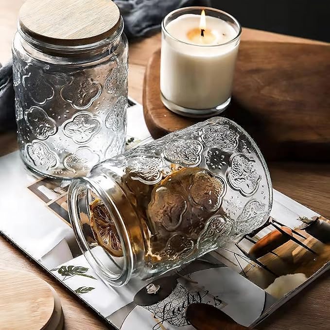 Glass Storage Jars With Airtight Lid, 35oz Canister For Kitchen Counter with Bamboo Lid, brown sugar, candy, coffee, cookie, salt, tea,pantry cute Jar (35oz Large Begonia Flowers)