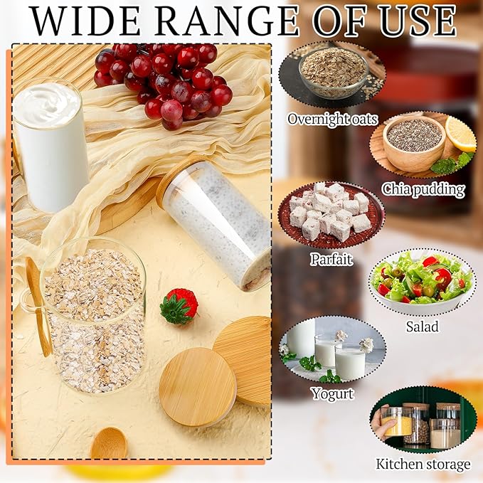 Pickmesh 4 Pcs Overnight Oats Containers with Lids Overnight Oats Jars Oatmeal Cups Square Glass Meal Prep Container with Bamboo Lids and Spoons Glass Jar for Pudding Yogurt (Round Style,16oz, 10oz)