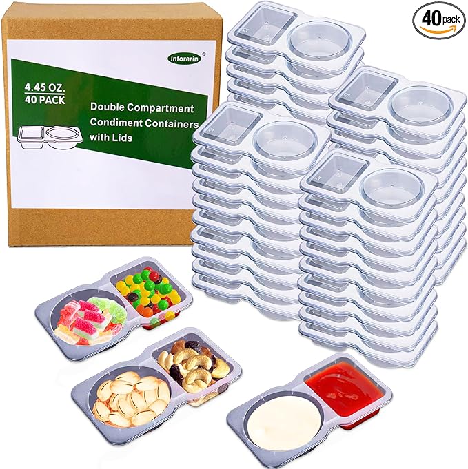 40 Sets Disposable Condiment Container with Lid, Double Compartment Plastic Container for Used for Travel Size Condiments, Snack, Dipping Sauce