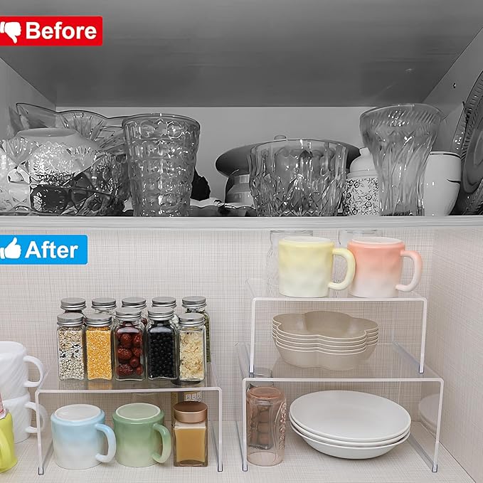 Acrylic Cabinet Organizer Shelf, 2 Pack Spice Rack Pantry Countertop Desk Organizers Display Shelves for Kitchen, Display Pantry Spice Organization for Cabinet, Plate Organizer for Cabinet Space Save