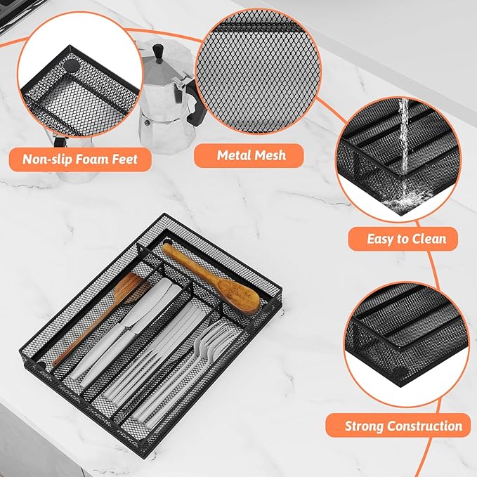 Kitchen Drawer Organizer Flatware Organizer,Drawer Dividers with 5 Compartment,Silverware Organizer Metal Mesh Cutlery Tray Mesh Organizer (9.3" x 12.6 ")