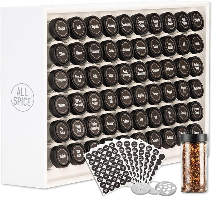 AllSpice Wood Spice Rack Organizer, 525 Unique Labels, Countertop or Wall Mount, Includes 60 4oz Jars- Matte White