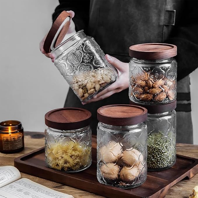 Glass Storage Jars With Airtight Lid, 35oz Container For Kitchen Counter with Wooden Lid, brown sugar, candy, coffee, cookie, salt, tea, cute Jar (35oz Large Sunflower)