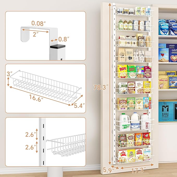 Over the Door Pantry Organizer, 10-Tier Adjustable Spice Rack Cabinet Door Shelves, Hanging Seasoning Organizer for Kitchen Bathroom, Laundry Room Organization, White