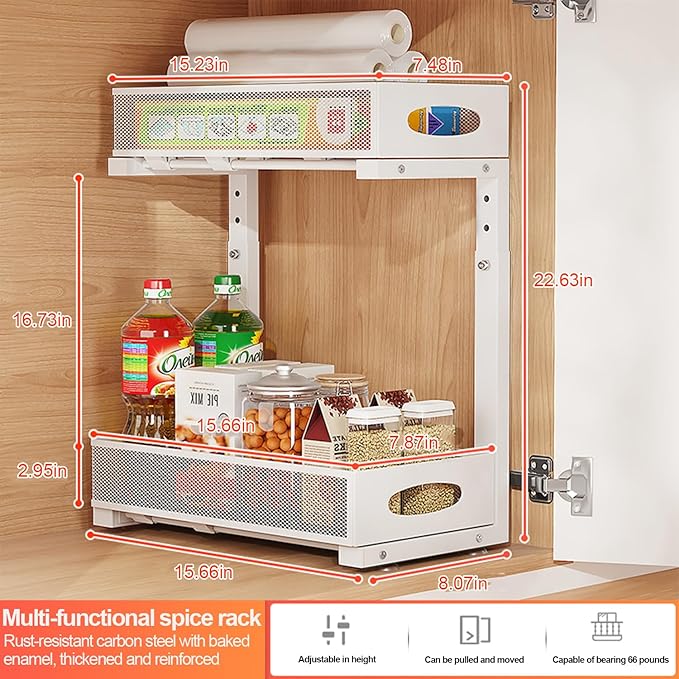 IUI 2 Tier Metal Pull Out Cabinet Organizer,Rust Proof Under Sink Organizer with Sliding Drawers, Multi-Use Under Cabinet Shelves Organizers for Kitchen Bathroom Cabinet Desk Etc,White
