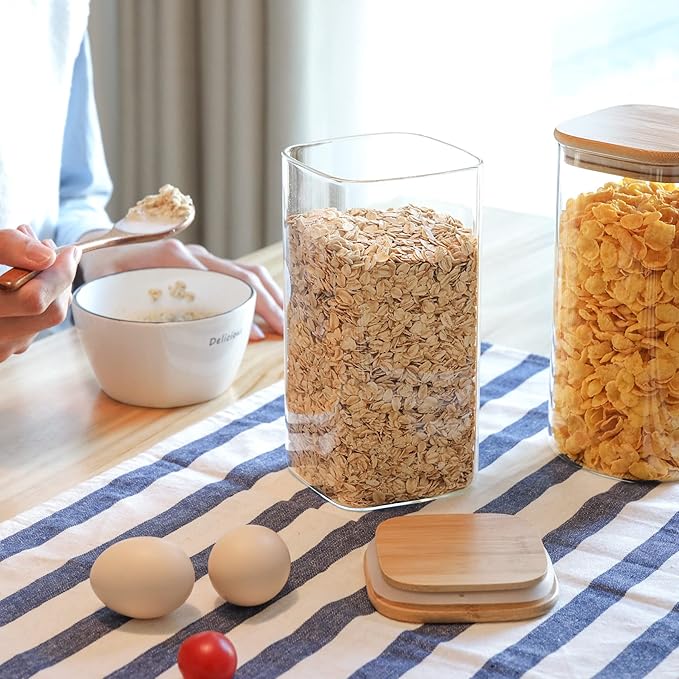 ComSaf Airtight Glass Storage Canister with Wood Lid (51 oz), Clear Food Storage Container Jar with Sealing Lids for Oat Pasta Flour Cereal Rice Sugar Tea Coffee Beans, Set of 3 Square Cookie Jar