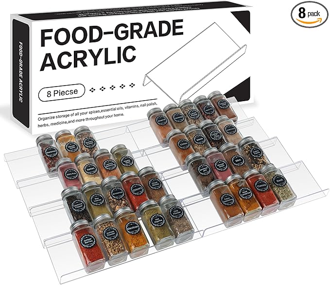 Goabroa Expandable Spice Organizer, 8 Pack 4 Tier Clear Spice Rack, 13" to 26" Wide, Kitchen Spice Organization for Drawer/Countertop