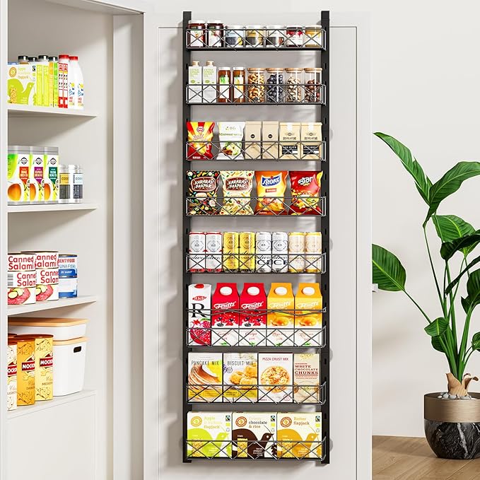 Over the Door Organizer, Black 8-Tier Pantry Door Organizer with Adjustable Basket, Hanging Spice Rack Cabinet Door Shelves, Laundry Room Organization and Storage