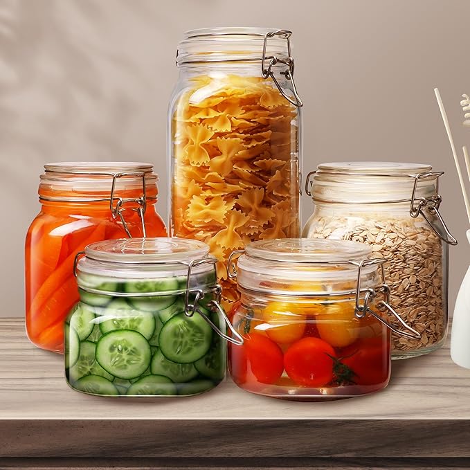Multi Size - 5 Pack Square Glass Jars with Airtight Lid, Wide Mouth Mason Jars with Clamp Lids, Air Tight Glass Canisters, Best Food Storage Containers for Cereal, Pasta, Rice, Sugar, Coffee, Spice
