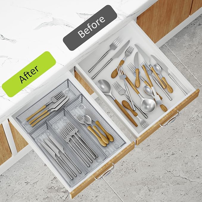 Drawer Organizer Set 5 Pack - 4-Compartment Silverware Organizer Tray + 4 Utensil Trays, Kitchen Drawer Organizer for Flatware, Cutlery, Office Supplies, Silver Mesh, Non-Slip