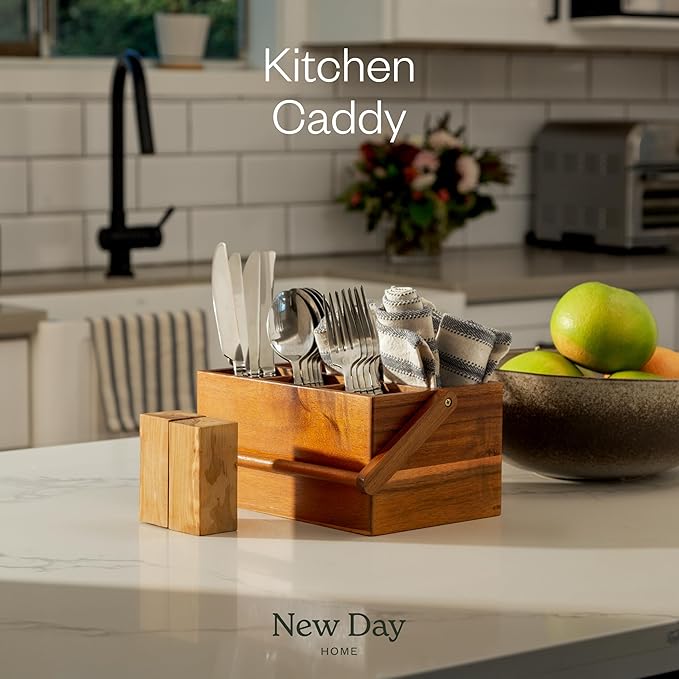 Acacia Wood Utensil Caddy with Handle, Wooden Silverware Holder, Multi-purpose Organizer for Kitchen, Office, Bathroom, Bedroom