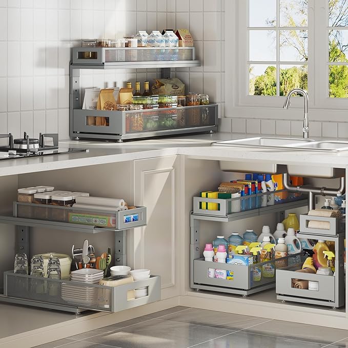 2 Pack 21.3IN-Depth Under Sink Organizer with Next-Gen Ball-Bearing Slides,2-Tier Pull Out Cabinet Storage,Height Adjustable Drawer Shelf for Bathroom,Kitchen,Laundry,Cabinet,Pantry-Gun Gray