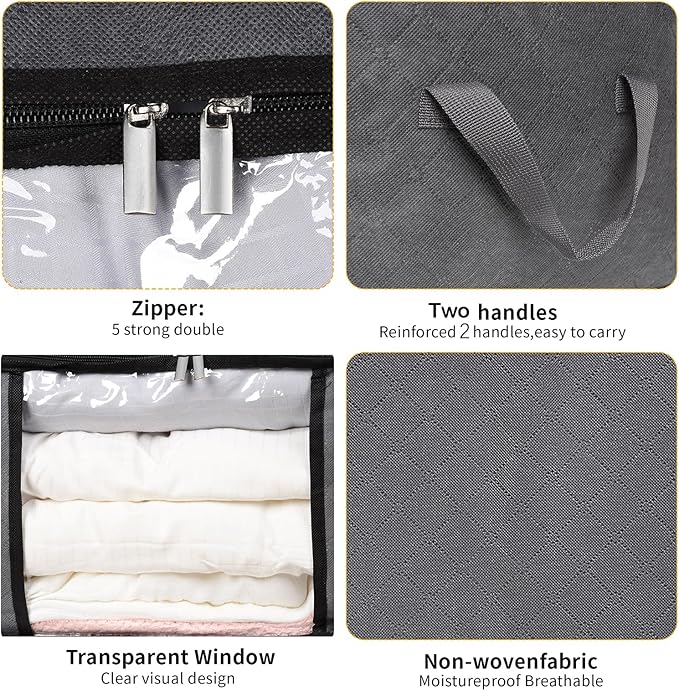 2 Pack Clothes Organizer Storage Bags with Zipper, 45L Foldable Blanket Storage Box with Clear Window Sturdy Handles for Closet, Dorm, Pillows, Bedding, Sweater, Clothing, Gray