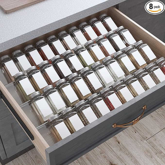 Antimbee Spice Drawer Organizer, 4 Tier- 8 Pack Kitchen Spice Rack Tray for Drawer, Acrylic Seasoning Organizer Rack Expandable From 13" to 26",Holds up 56 Spice Jars (Jars not Include)