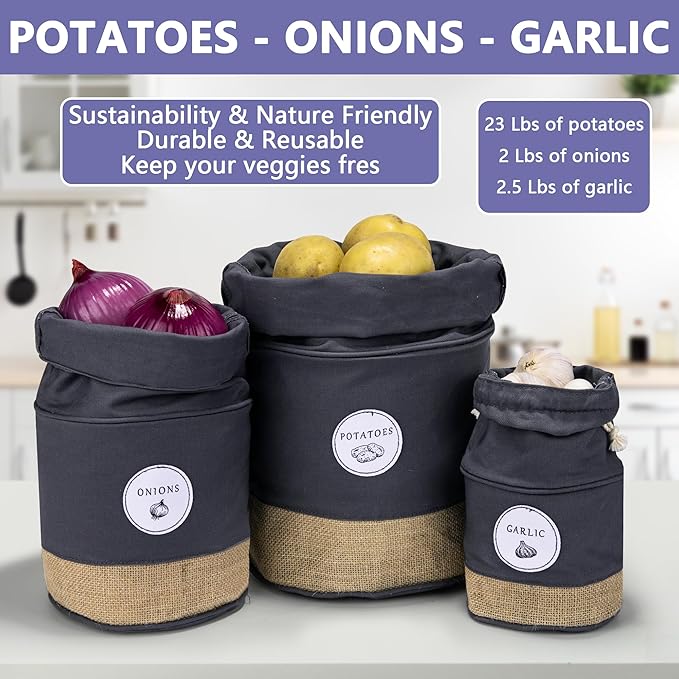MERAKI HOME Potato Onion Garlic Storage Containers - Farmhouse Kitchen Storage Organization Pots - Sustainable Jute Cotton Vegetable Baskets Bins - Drawstring Holder