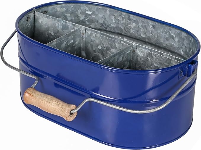Alpha Living Home 4-Section Galvanized Utensil Caddy – Cobalt Blue Farmhouse Organizer with Removable Handle, 13.5"x10"x5.5" – Versatile Storage for Kitchen, Outdoor & Party Essentials