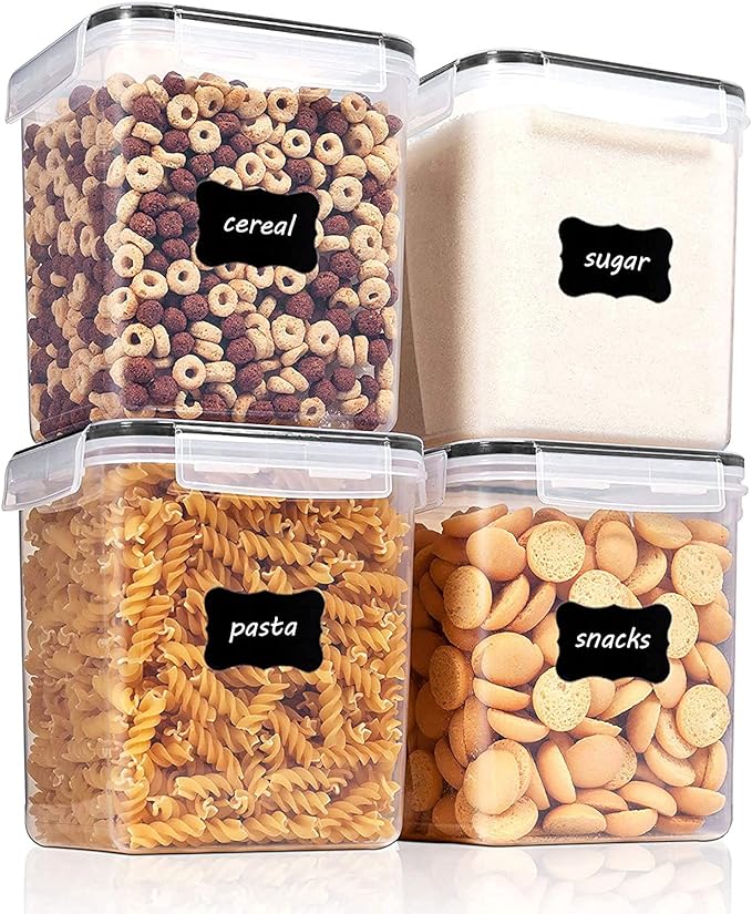 Vtopmart Food Storage Containers 2.5L / 84.5oz, 4 Pieces BPA Free Plastic Airtight Canister for Flour, Sugar, Baking Supplies, with 4 Measuring Cups and 24 Labels, Black